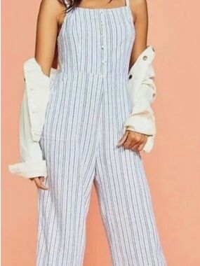 Old Navy ~ Linen Blend ~ Jumpsuit ~ Blue Striped ~ Adjustable Straps ~Very Cozy